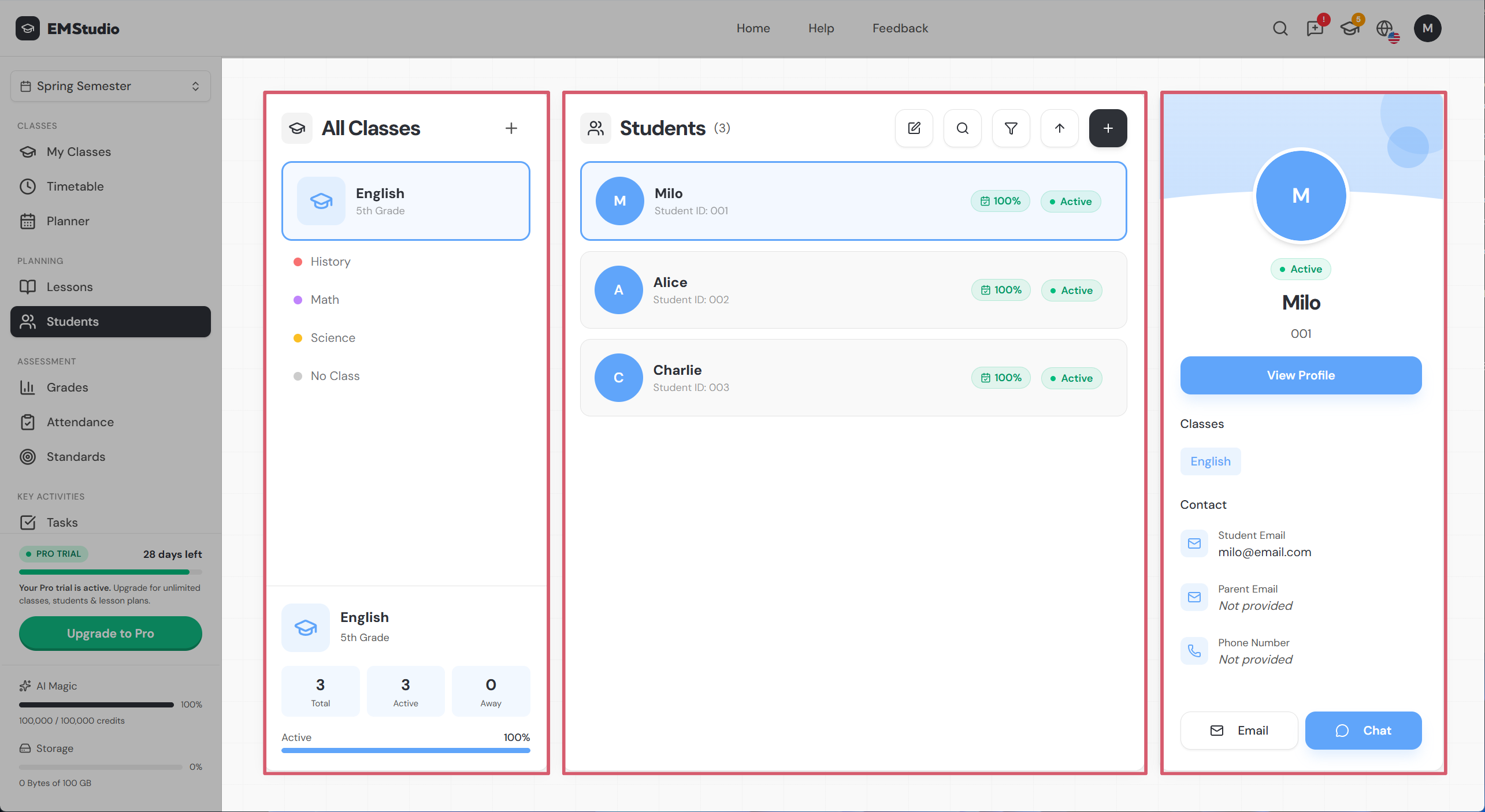 Students page showing three-panel layout with class selector, student list, and student preview