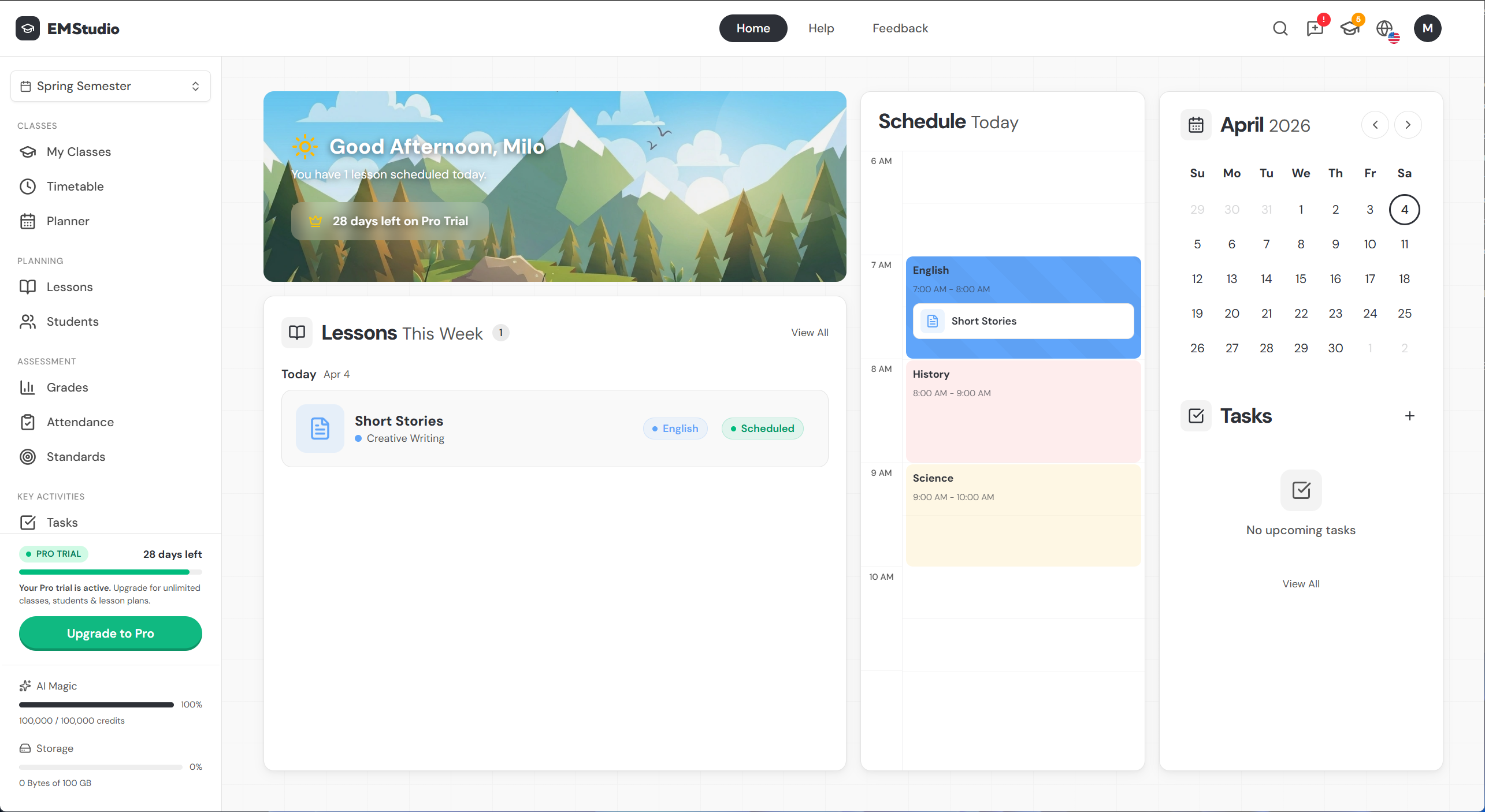 Dashboard showing greeting banner, today's schedule, lessons this week, calendar, and tasks