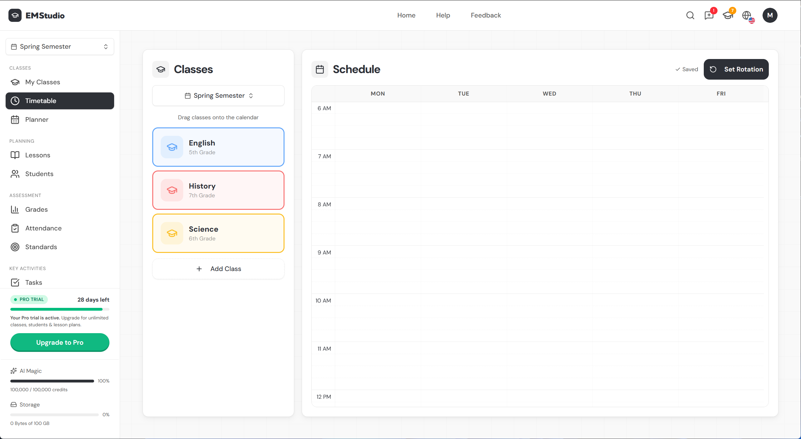 Empty timetable view with class list on the left and weekly grid on the right