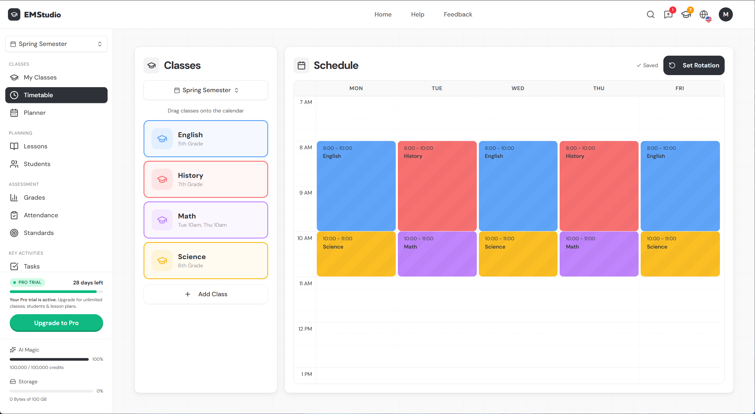 Completed timetable with multiple color-coded classes across the week