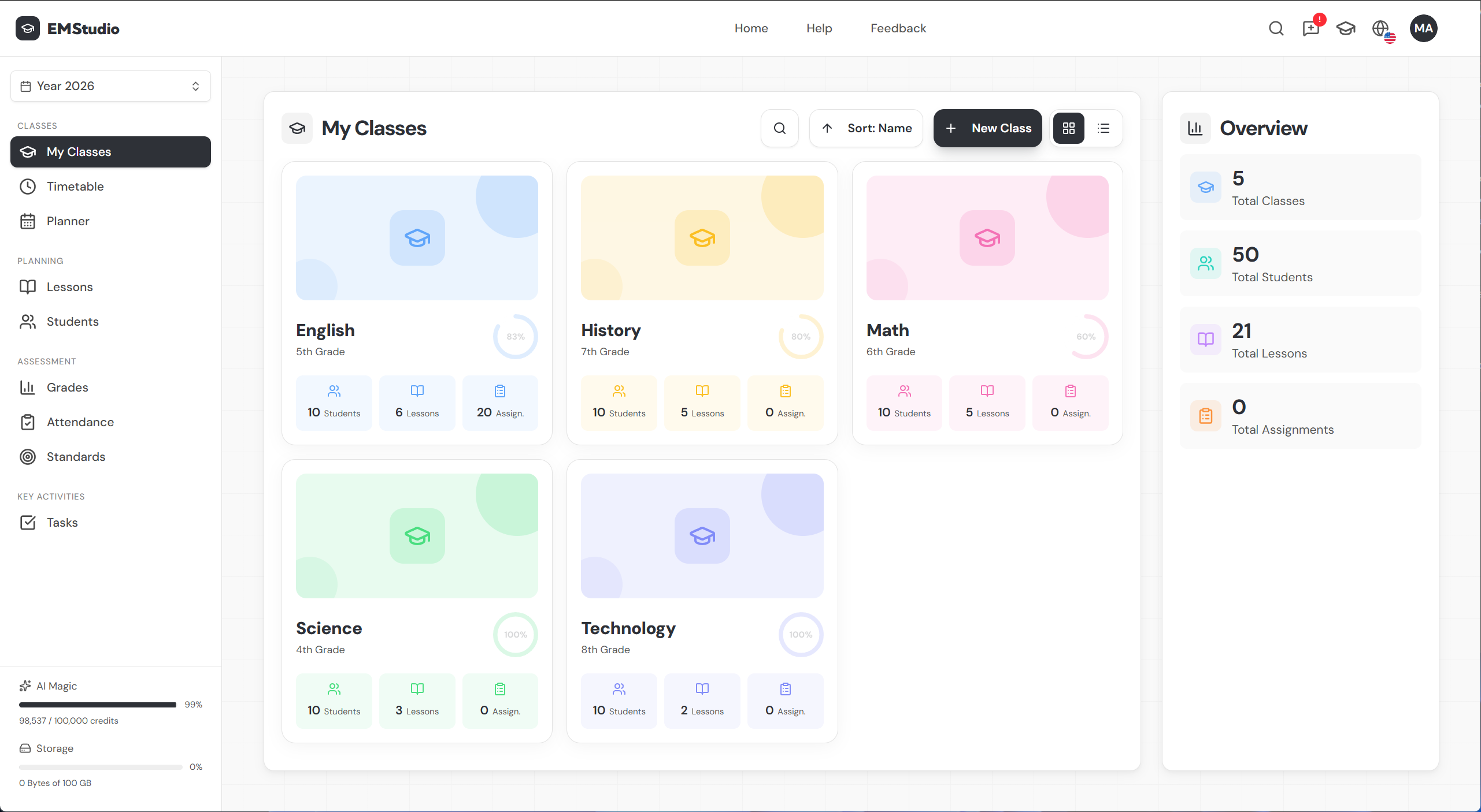 My Classes page showing class cards with color-coded headers, student/lesson counts