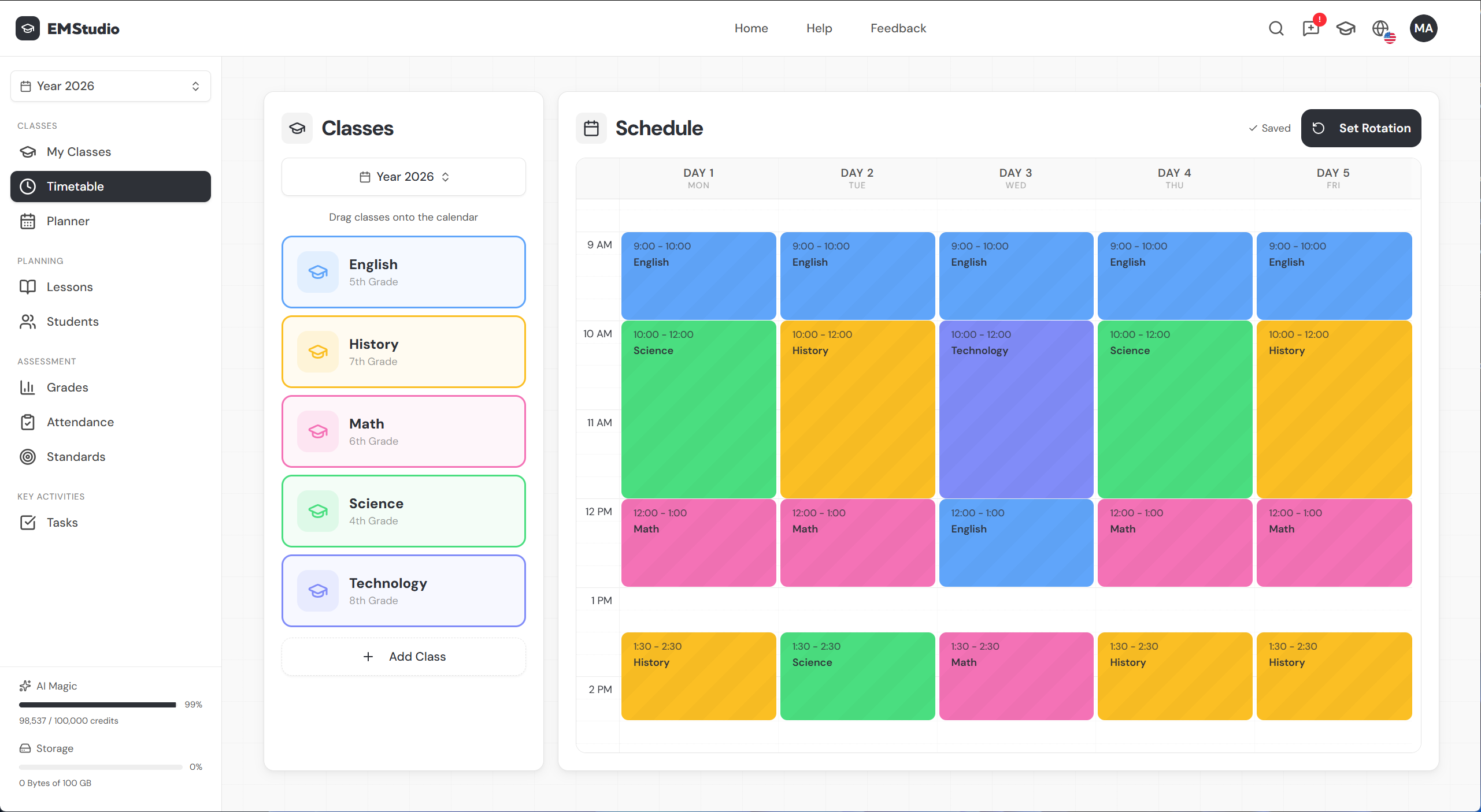 Timetable showing multiple classes with distinct colors on the weekly grid