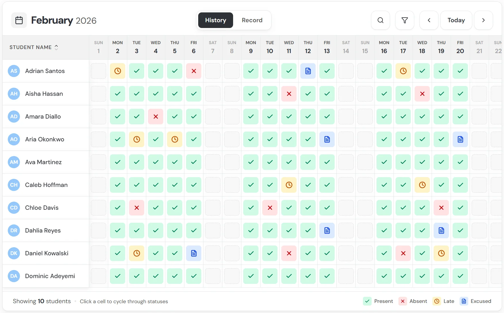 Attendance grid view