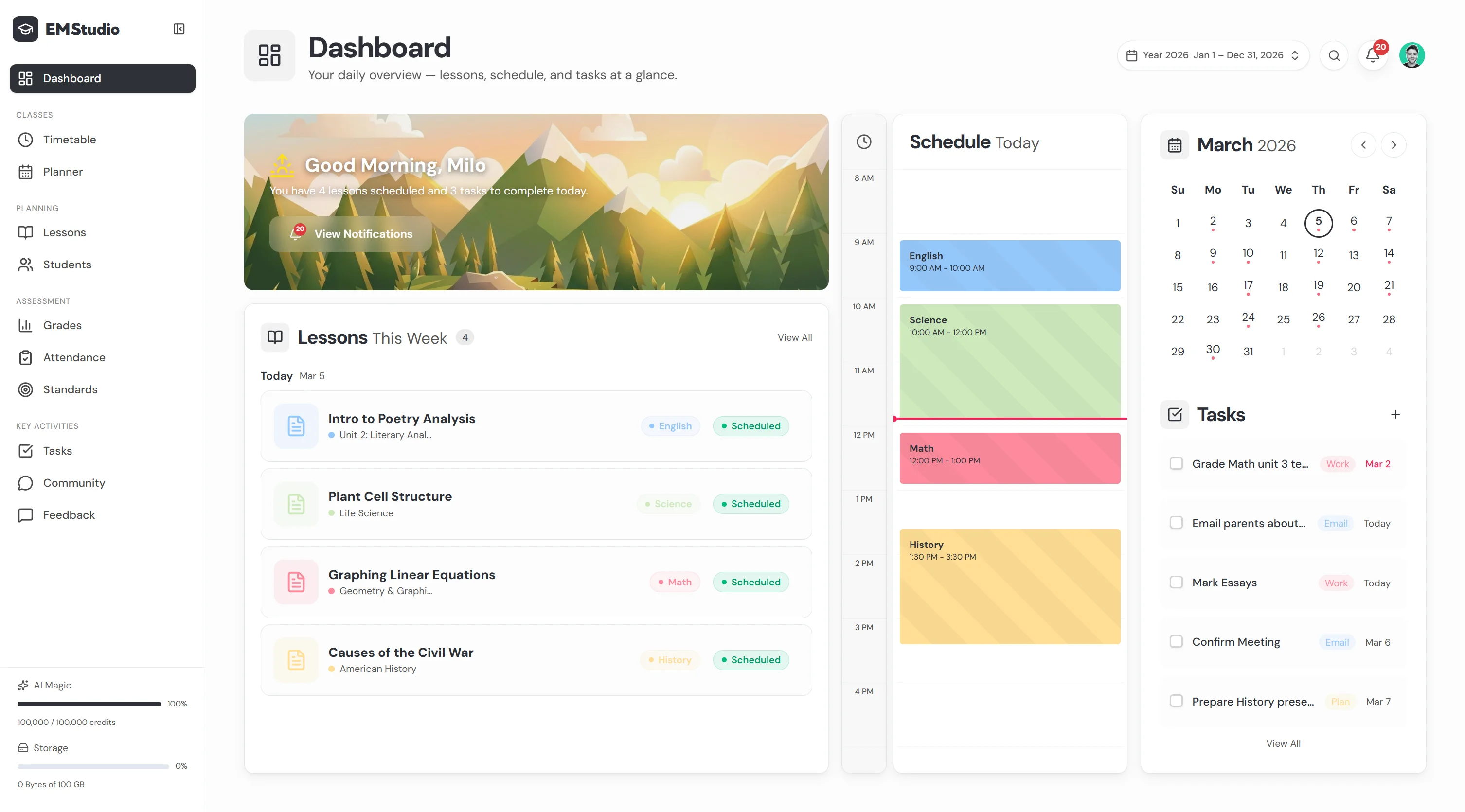 EMStudio dashboard showing classes, lessons, and grades