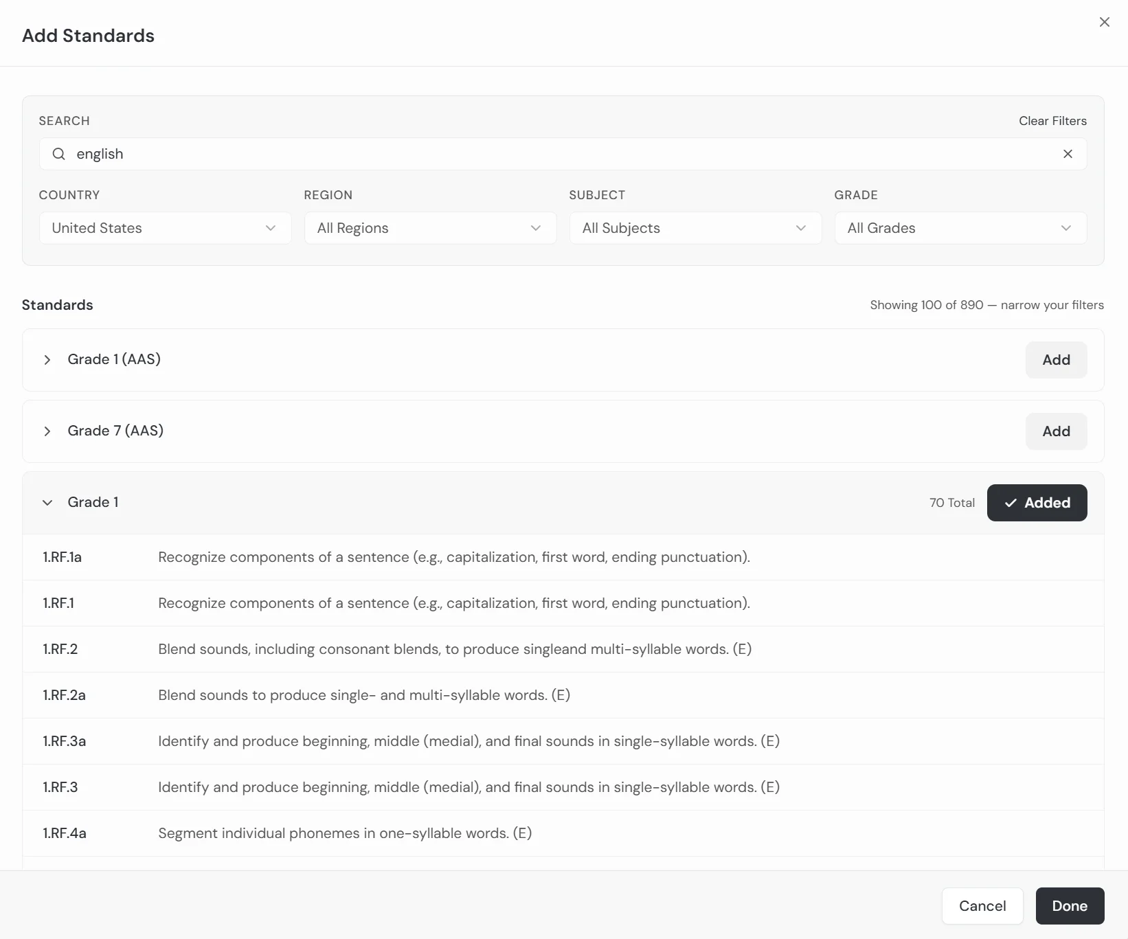Standards search interface