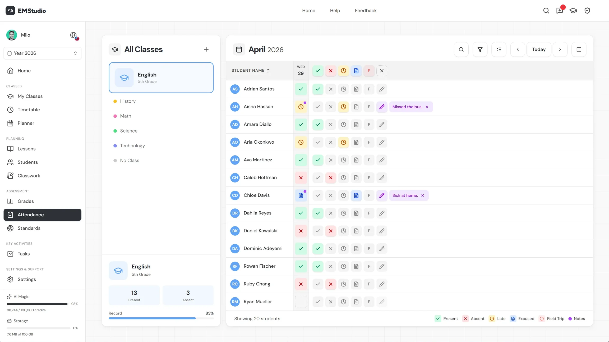 Attendance tracking grid