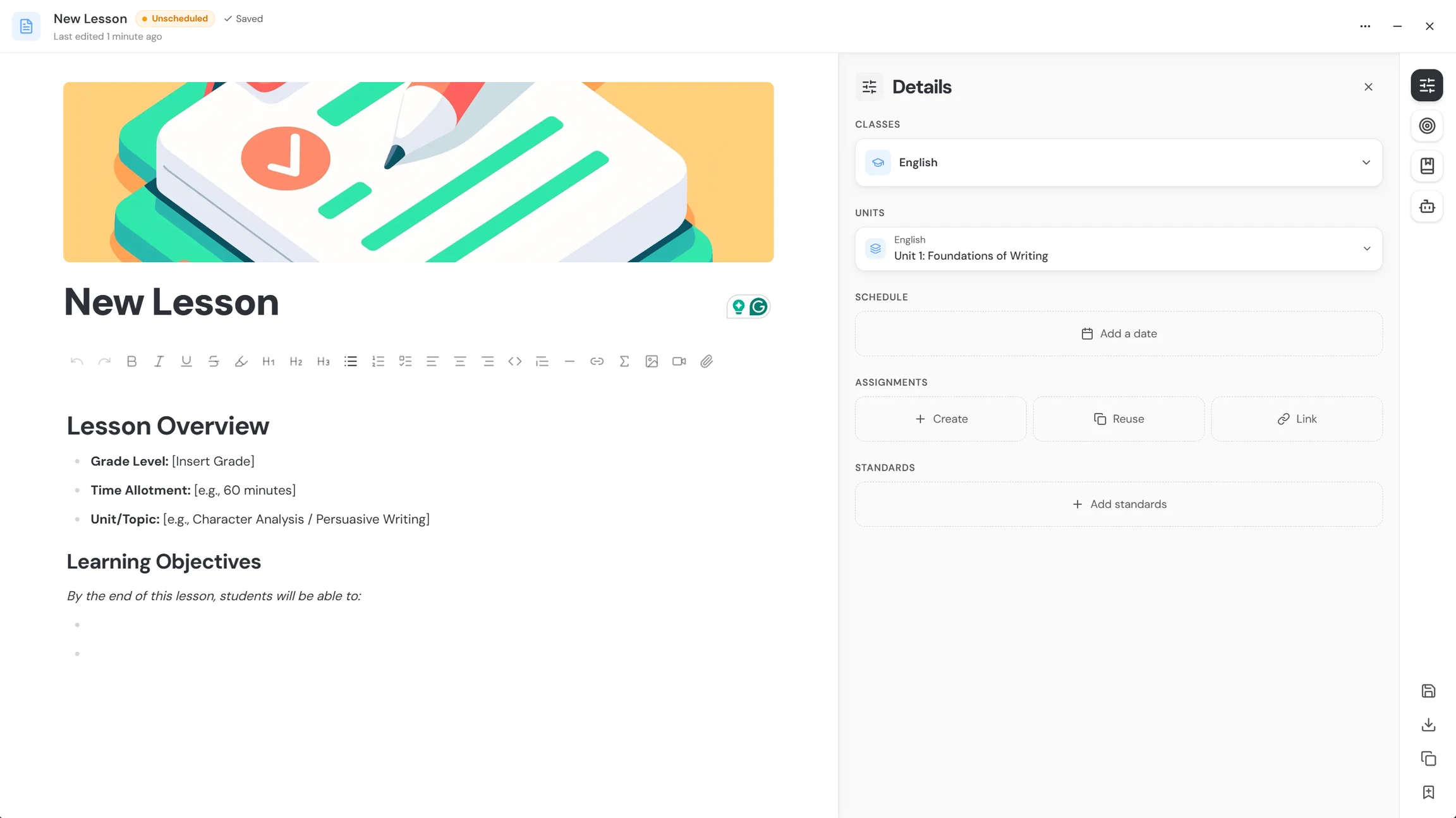 Lesson planner board with weekly lessons